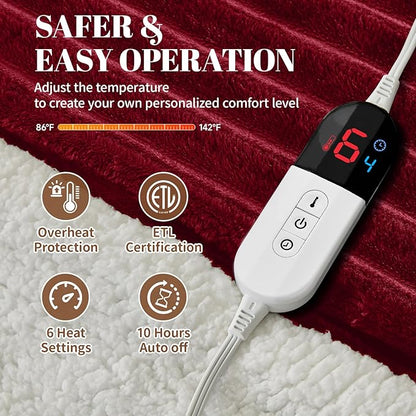 Electric Heated Blanket Twin Size - 62"x84" Fast Heating Bed Blankets with 6 Heating Levels & 10 Hours Auto Off, Soft Ribbed Flannel Sherpa, Over-Heated Protection ETL, Red
