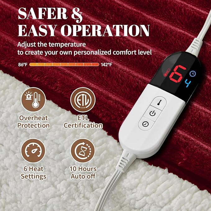 Electric Heated Blanket Full Size - 72"x84" Fast Heating Bed Blankets with 6 Heating Levels & 10 Hours Auto Off, Soft Ribbed Flannel Sherpa, Over-Heated Protection ETL, Red