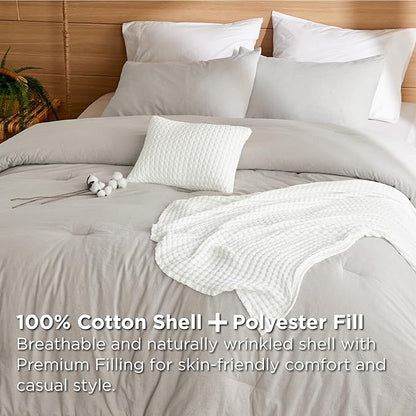 Bedsure 5 Pieces Cotton Comforter Set with Cotton Waffle Throw Blanket - Beige Queen Comforter, Pillow Shams, White Cooling Blanket of Rayon Derived from Bamboo for Hot Sleepers, Throw Pillow