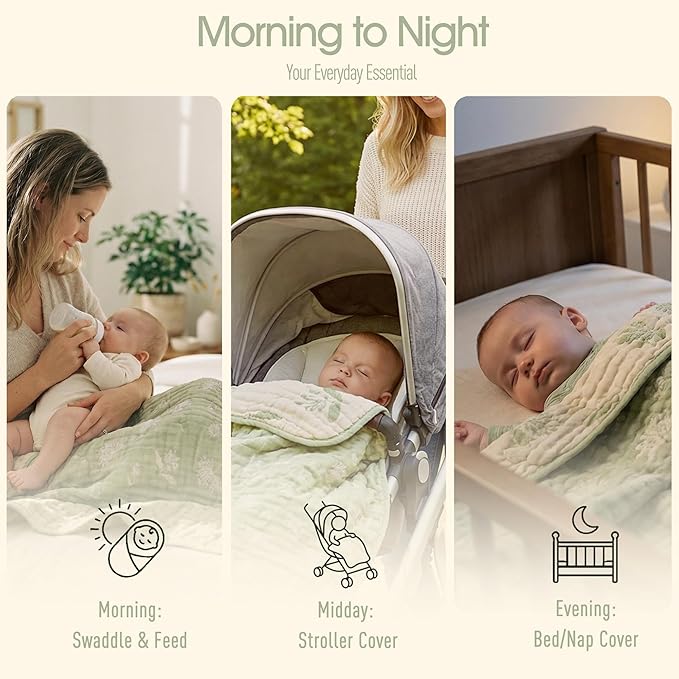 Ultra Soft Muslin Baby Blanket - Made with Organic Cotton, Earthy Botanicals Jacquard Swaddle & Crib Quilt, 43x43 (Sage Green Floral)
