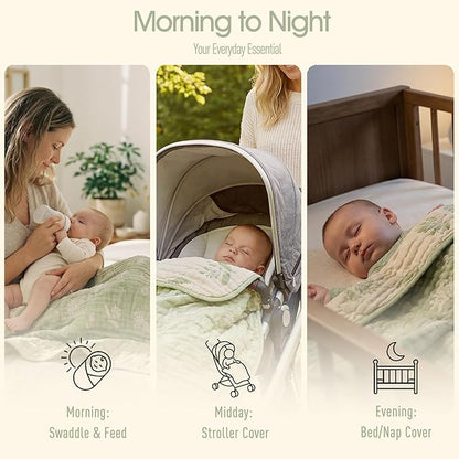 Ultra Soft Muslin Baby Blanket - Made with Organic Cotton, Earthy Botanicals Jacquard Swaddle & Crib Quilt, 43x43 (Sage Green Floral)