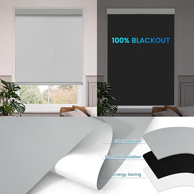 Motorized 100% Blackout Roller Shades – Custom Smart Blinds with Remote Control, Rechargeable Battery or Plug-in Motor, Tuya WiFi Optional, Home & Office Automatic Window Shades (Gray/CH9393)
