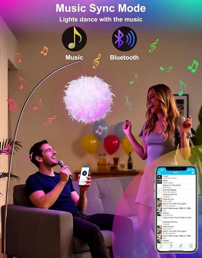 Star Vision Smart Feather Lamp with RGB Light Bulb, Built-in Bluetooth Speaker, Remote & APP Control, Fluffy Girl Room Decor, 600 Lumens, 15.7inches, White