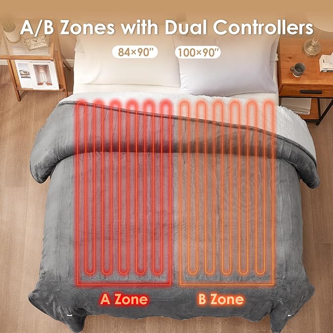 EHEYCIGA Heated Blanket Electric Blanket Queen Size - Heating Blanket with 5 Heating Levels & 10 Hours Auto Off, Soft Cozy Sherpa Washable Dual Control Blanket with Fast Heating, 84 x 90 Inches, Grey