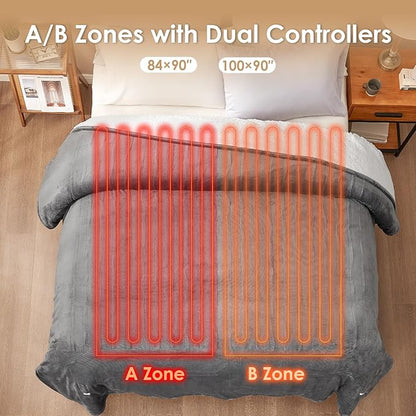 EHEYCIGA Heated Blanket Electric Blanket Queen Size - Heating Blanket with 5 Heating Levels & 10 Hours Auto Off, Soft Cozy Sherpa Washable Dual Control Blanket with Fast Heating, 84 x 90 Inches, Grey