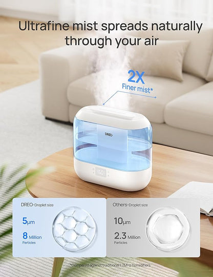 Dreo Smart Humidifiers for Bedroom-Filter Included,Top Fill 4L Humidifier Large Room with 28 dB, 36H Runtime, Touch/APP/Voice Control, Nightlight, Cool Mist Humidifiers for Baby, Plants, Indoor, Blue