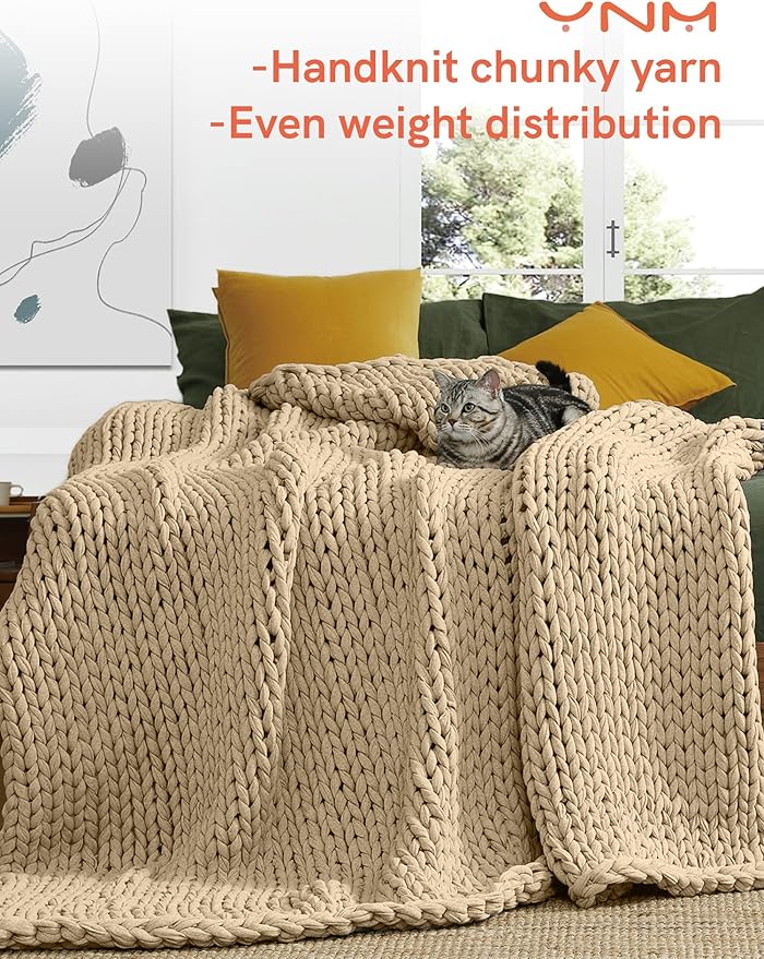 YnM Cotton Weighted Blanket, Handmade Chunky Knitted Design, Soft and Cozy, Temperature Regulating and Breathable, Machine Washable Throw for Sleep or Home Decor (Beige, 48x72 Inch, 20lbs)