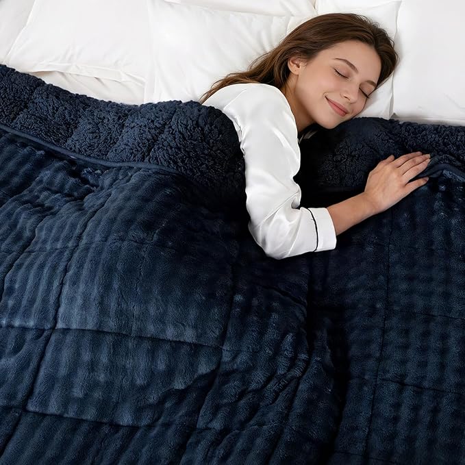 Cottonblue Bubble Weighted Blanket 15lbs Faux Fur Sherpa Heavy Weighted Blankets for Adults, Fits Queen Size Bed, Cute Fuzzy Warm Heavy Blanket for Calm and Better Sleep, 60"x80", Navy Blue