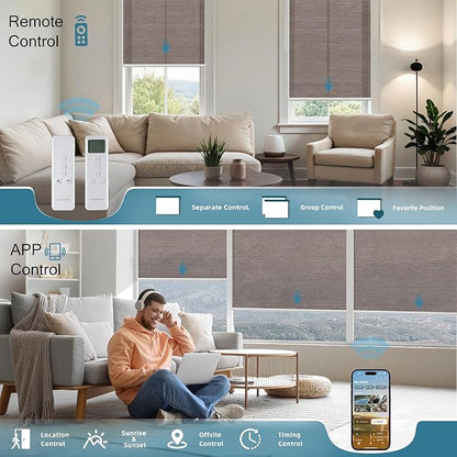 Motorized Light Filtering Roll Shades Work with HomeKit, 50% Blackout Smart Blinds for Windows, Half-Shading Electric Blinds with Remote,Automatic Solar Shades, Sunscreen PVC Free Cocoa