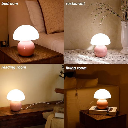 Small Mushroom Lamp,USB-Plug in Bedside Table Lamps with 3-Temperature LED Bulb Dimmable,Unique Cute Aesthetic Home Decor for Living Room,Bedroom, Modern Ceramic Base Glass Lamp(Pink)