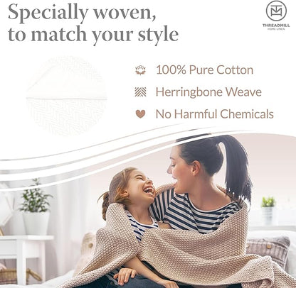 Threadmill Luxury Cotton Blankets for Twin Size Bed | All-Season 100% Cotton Twin Blanket for Bed | Herringbone Soft & Cozy Fall Thermal Blanket, 350GSM, 68x92 inches | White
