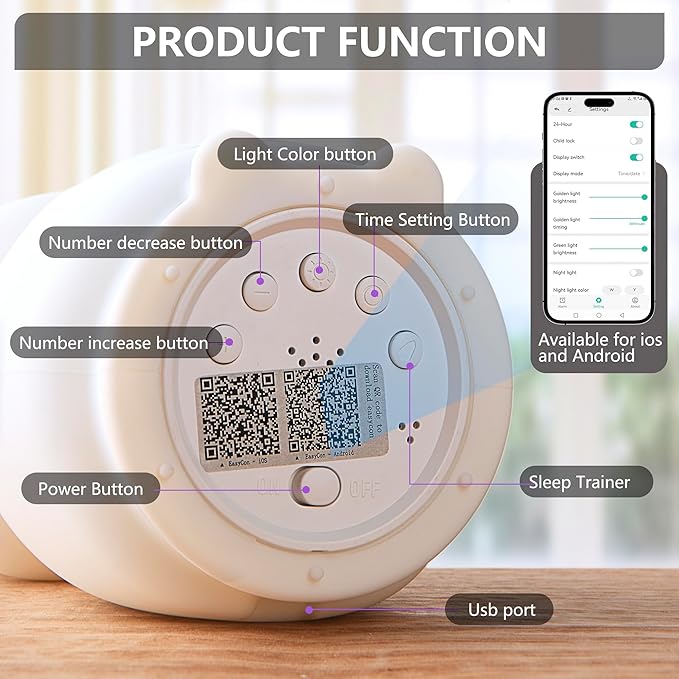 Kids Sleep Training Alarm Clock: App Control Night Light, Silicone, Sunrise Simulation, Rechargeable, Toddler Wake-Up Clock, Cute Penguin