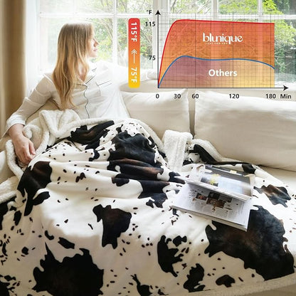 Heated Blanket Twin Blanket - Fast Heating Electric Blanket, Soft Flannel Heated Twin with 4 Time Settings,10 Heating Settings, Warm Gifts for Women & Mom & Grandma(62"x84"Cow Print White)