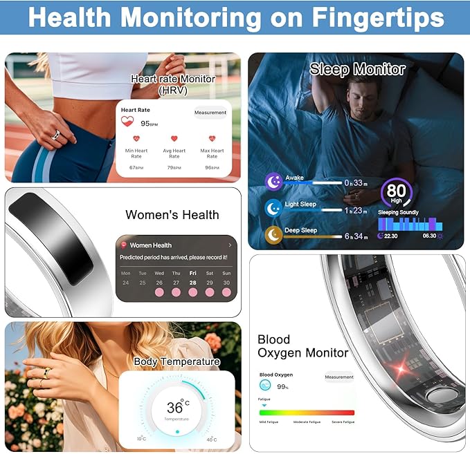 Smart Health Ring for Women Men, Vibration Alert, Touch Control, Fitness Tracker Ring with Sleep/Women's Health/Heart Rate/Steps, IP68 Waterproof for iPhone and Android, Gold 7, No Subscription