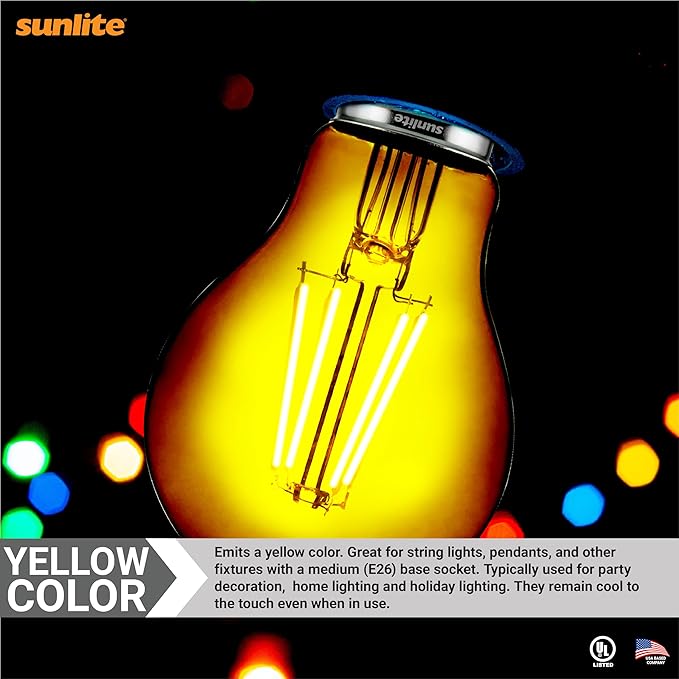Sunlite 40942 LED Colored Filament A19 Light Bulb, 4.5 Watts, Medium E26 Base, 120 Volts, Transparent Yellow, Dimmable, 320 Degree Beam Angle, UL Listed, 6 Count