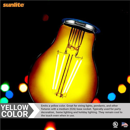 Sunlite 40942 LED Colored Filament A19 Light Bulb, 4.5 Watts, Medium E26 Base, 120 Volts, Transparent Yellow, Dimmable, 320 Degree Beam Angle, UL Listed, 6 Count
