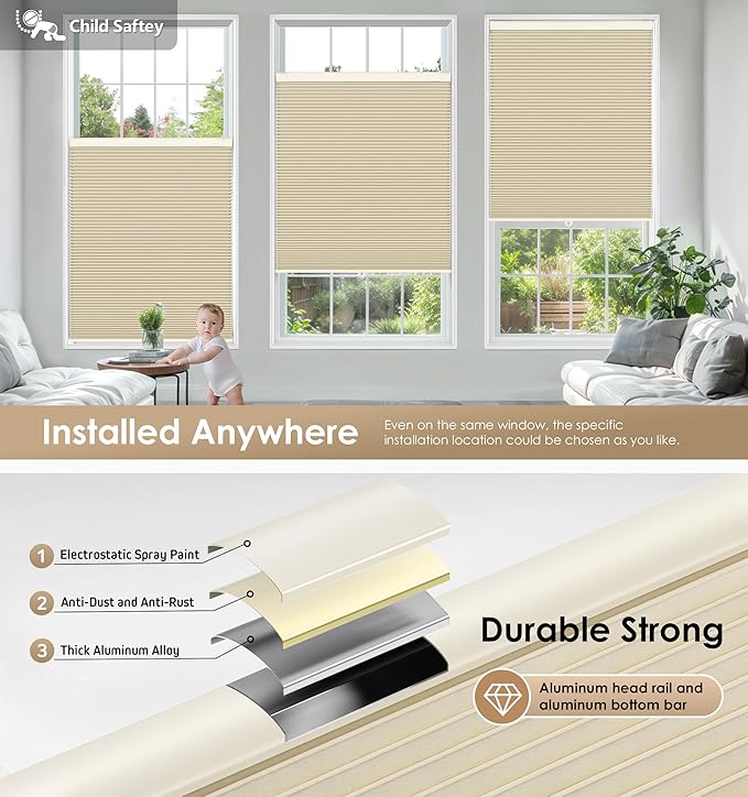 LazBlinds No Tools No Drill Cordless Cellular Shades, Blackout Light Blocking Honeycomb Shades for Home, Thermal Insulation Blinds for Windows, 22" W x 48" H, Beige