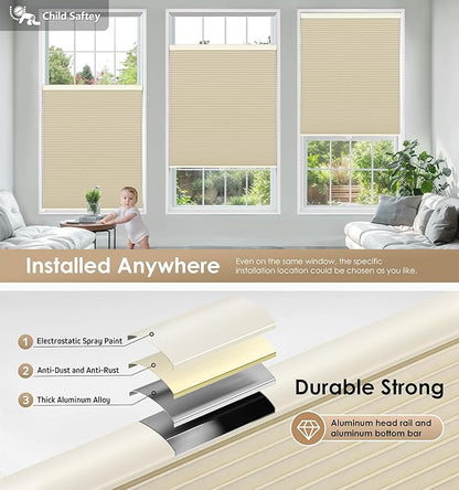 LazBlinds No Tools No Drill Cordless Cellular Shades, Blackout Light Blocking Honeycomb Shades for Home, Thermal Insulation Blinds for Windows, 38" W x 48" H, Beige