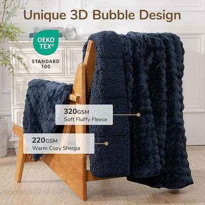 Cottonblue Bubble Weighted Blanket 15lbs Faux Fur Sherpa Heavy Weighted Blankets for Adults, Fits Queen Size Bed, Cute Fuzzy Warm Heavy Blanket for Calm and Better Sleep, 60"x80", Navy Blue