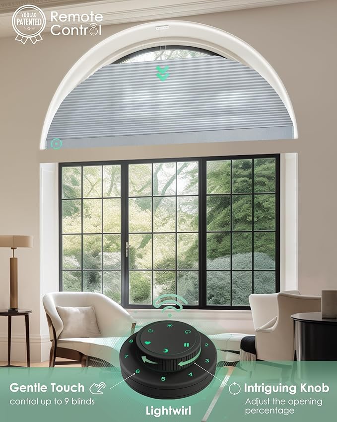 Yoolax Smart Cellular Shades, Motorized Arch Window Honeycomb Blinds Motorized Blinds with Remote Compatible with Alexa, Customized Arched Cellular Shades (Half Shading Pearl)
