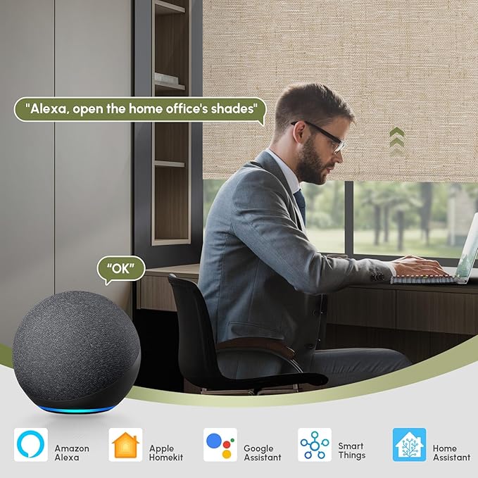 FineTell Motorized Blinds with Remote, 100% Blackout Roller Shades Compatible with Alexa,Apple Homekit,Google Home APP and Voice Control, Customized Electric Blinds (100% Blackout Linen Caramel)