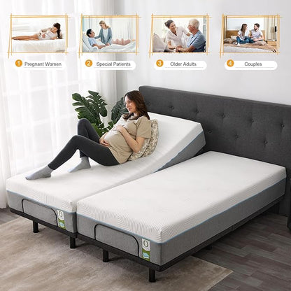 MUUEGM Adjustable Bed Base Frame, Ergonomic Electric Bed Bases with Wireless Remote Control and Head-Pillow-tilt, USB A&C, Massage, Zero Gravity, Anti-Snore, Split King