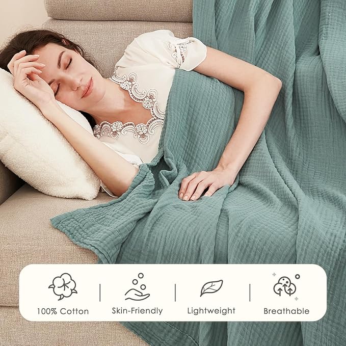 EMME Muslin Throw Blanket 100% Cotton Blankets for Couch Breathable Gauze All Season Soft and Lightweight Pre-Washed (Teal, 50"x70")
