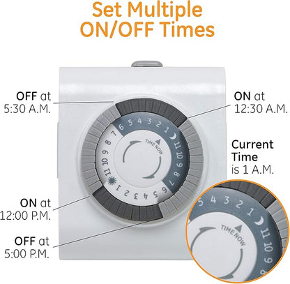 GE Mechanical Grounded Outlet Timer, Dual Plugs with 3 Prongs, 24 Hour Cycle, Indoor Use for Lights, Lamps, Fans, Appliances, Christmas, Tree, 4 Pack, 66405