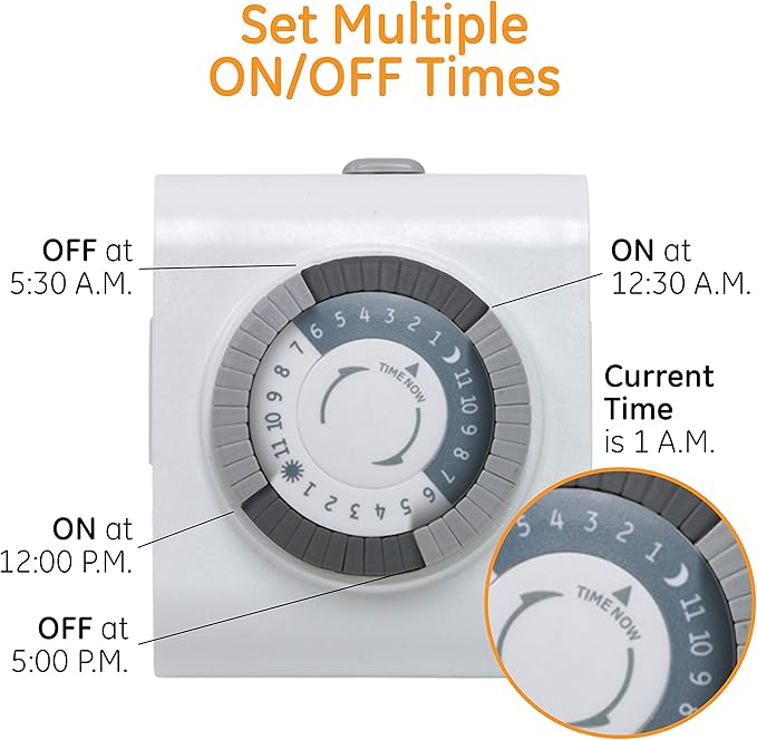 GE Mechanical Grounded Outlet Timer, Dual Plugs with 3 Prongs, 24 Hour Cycle, Indoor Use for Lights, Lamps, Fans, Appliances, Christmas Tree, 2 Pack, 46211