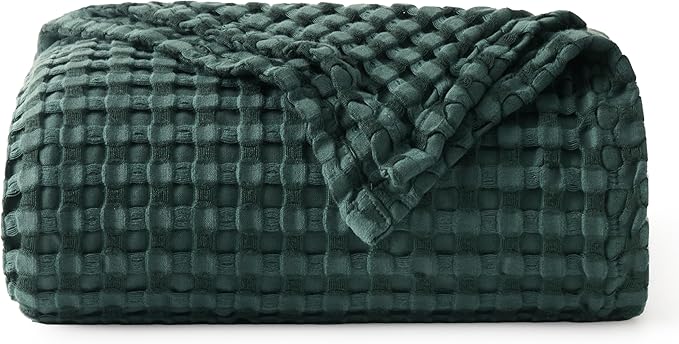 Bedsure Cooling Cotton Waffle Weave Throw Blanket - Lightweight Breathable Blanket of Rayon Derived from Bamboo for Hot Sleepers, Luxury Throws for Bed, Couch and Sofa, Dark Green, 50x70 Inches