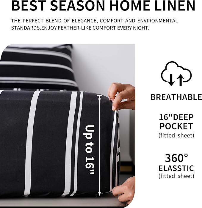 Best Season Stripe Bed Sheets Set,3 Piece Super Soft Microfiber Bedding-Deep Pocket,Ultra Soft,Fade & Wrinkle Resistant(Twin Size,Black&White)