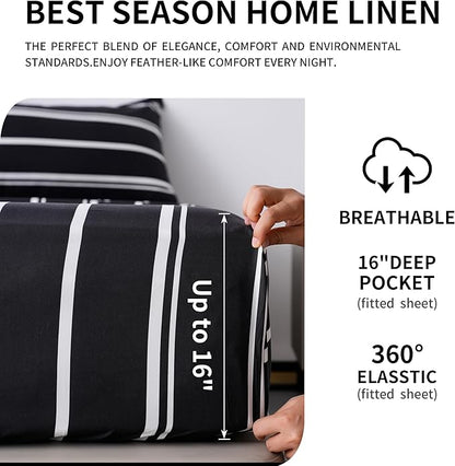 Best Season Stripe Bed Sheets Set,3 Piece Super Soft Microfiber Bedding-Deep Pocket,Ultra Soft,Fade & Wrinkle Resistant(Twin Size,Black&White)