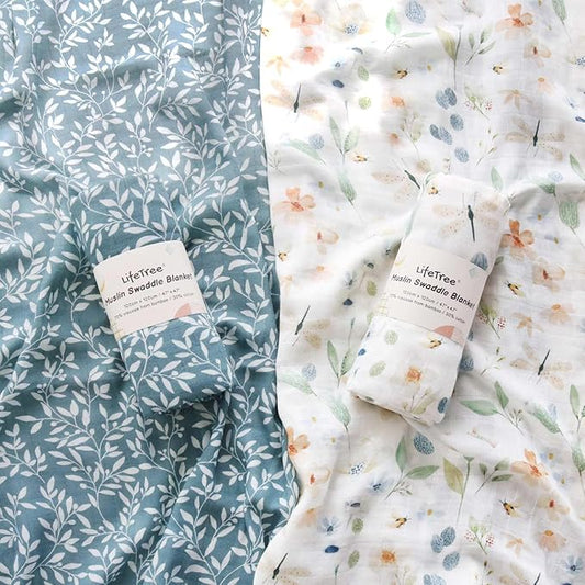 LifeTree Baby Swaddle Blankets, Boys Girls Muslin Swaddling Wrap Receiving Blanket for Newborn, 70% Viscose from Bamboo and 30% Cotton, Large 47" x 47", Blue Floral and Leaf