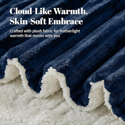 Electric Heated Blanket Queen Size Dual Control - 84"x90" Fast Heating Bed Blankets with 6 Heating Levels & 10 Hours Auto Off, Soft Ribbed Flannel, Over-Heat Protection ETL, Navy Blue