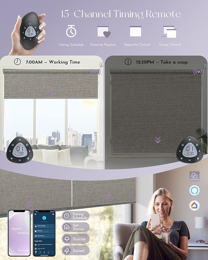Graywind Motorized Shades 100% Blackout Compatible with Alexa Google WiFi Hardwired Smart Roller Shade Remote Control Automated Window Blinds with Valance, Customized Size (Grey Brown)
