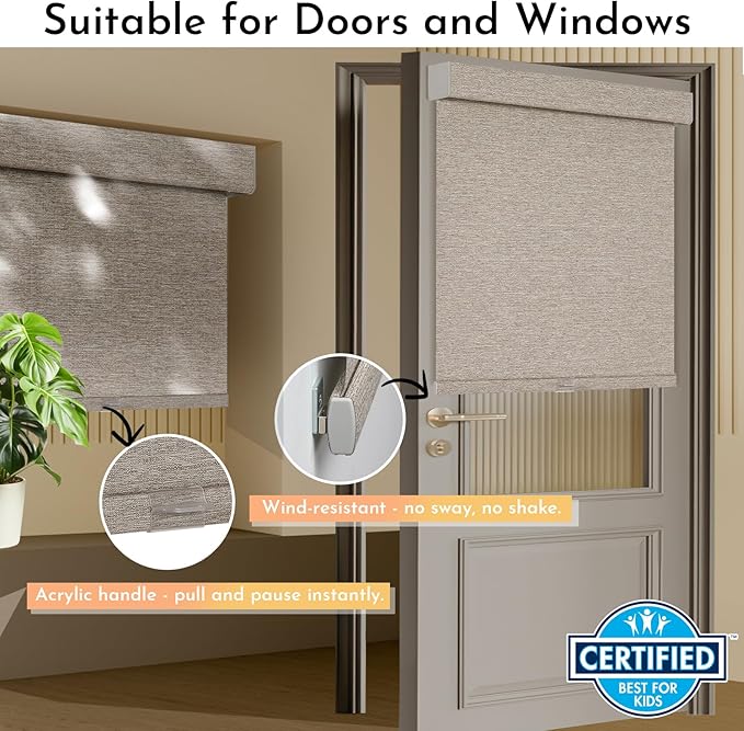 Persilux Blackout Roller Shades for Window Blinds,Cordless,Linen Fabric,Thermal Insulated Fabric UV Protection Shades for Home,Office,Bedroom,Door,Blackout-Light Brown,33 1/2" W X 72" H