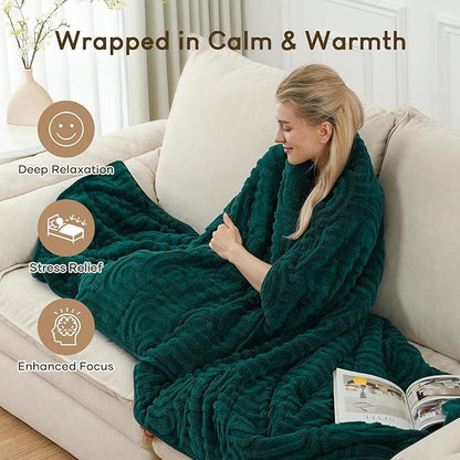 Cottonblue Jacquard Weighted Blanket for Adults 15 lbs Twin Size, Cozy Fluffy Sherpa Fleece Weighted Throw Blankets 48" x 72" for Sleep Relax, Fuzzy Warm Arch Heavy Blanket Soft for Bed Couch, Green
