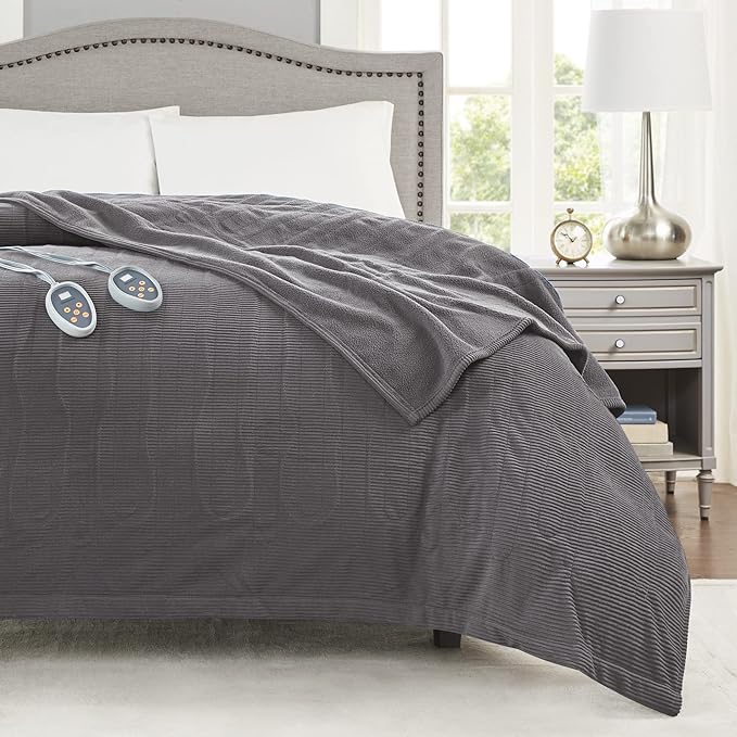 Beautyrest Electric Blanket Luxurious Micro Fleece Ultra Soft Ribbed Textured, Cozy and Snuggly Cover for Cold Weather, Fast Heating, Auto Shut Off, 20 Level Heat Setting Controller, Queen, Grey