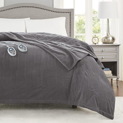 Beautyrest Electric Blanket Luxurious Micro Fleece Ultra Soft Ribbed Textured, Cozy and Snuggly Cover for Cold Weather, Fast Heating, Auto Shut Off, 20 Level Heat Setting Controller, Queen, Grey
