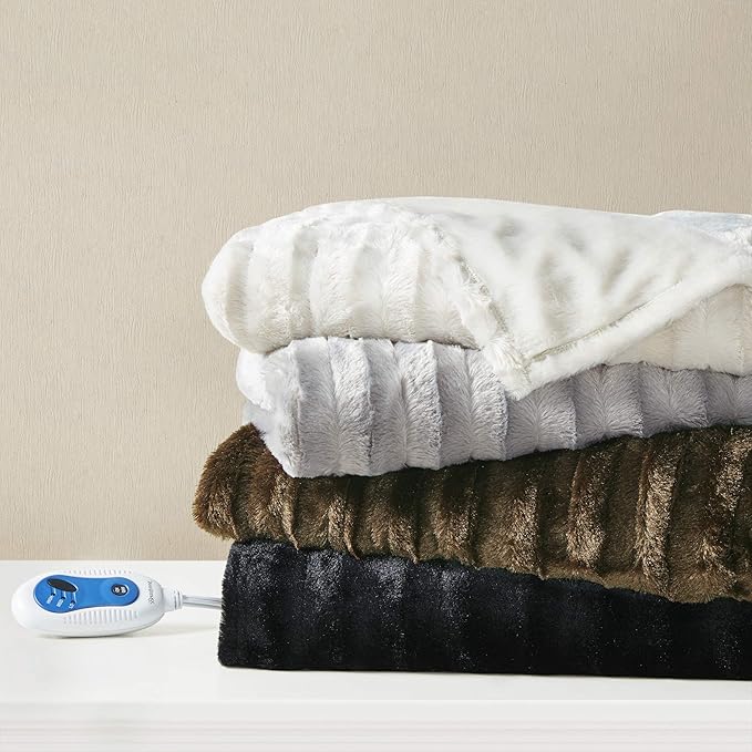 Beautyrest Duke Blanket Luxury Oversize Electric Throw Premium Soft Cozy Brushed Long Faux Fur for Bed, Couch with 3 Heat Setting Controller, Auto Shut-Off Function, Grey, 50 in x 70 in