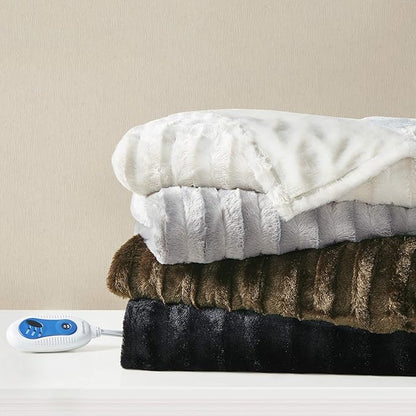 Beautyrest Duke Blanket Luxury Oversize Electric Throw Premium Soft Cozy Brushed Long Faux Fur for Bed, Couch with 3 Heat Setting Controller, Auto Shut-Off Function, Grey, 50 in x 70 in