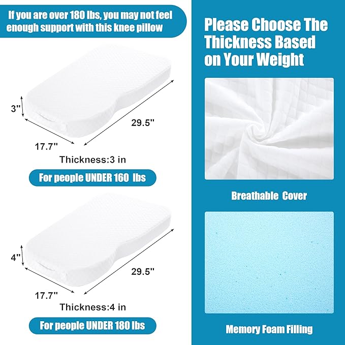 HOMBYS Memory Foam Knee Pillow for Side Sleepers, Leg Pillow for Knee, Separates The Knees for Body Alignment-Between Leg Pillow for Lower Back Pain Relief and Pregnancy Support -(18"x30"x4", White)