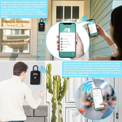 Smart Bluetooth Key Lock Box,Remote Access via App/Code,Resettable 6-Digit Combination,Large Capacity for 5 Keys,Wall-Mounted,No WiFi Needed,Black(with Shackle)