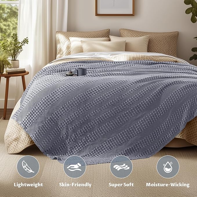 Cooling Cotton Waffle Weave Throw Blanket - Lightweight Breathable Blanket of 50% Rayon Derived from Bamboo for Hot Sleepers, Summer Throws for Couch Bed Sofa, Light Blue, 50"x60"