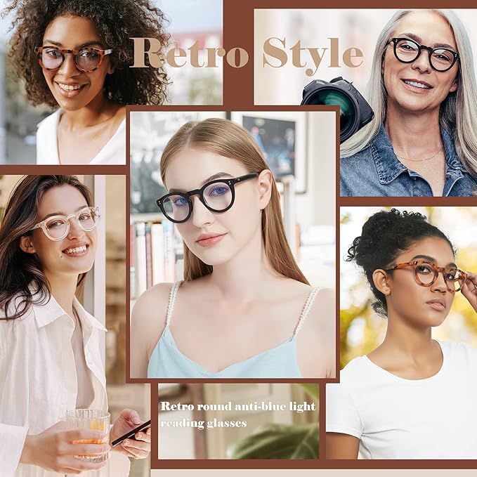 EASY READ Retro Round Blue Light Blocking Reading Glasses for Women,Anti UV Readers for Women with Spring Hinge
