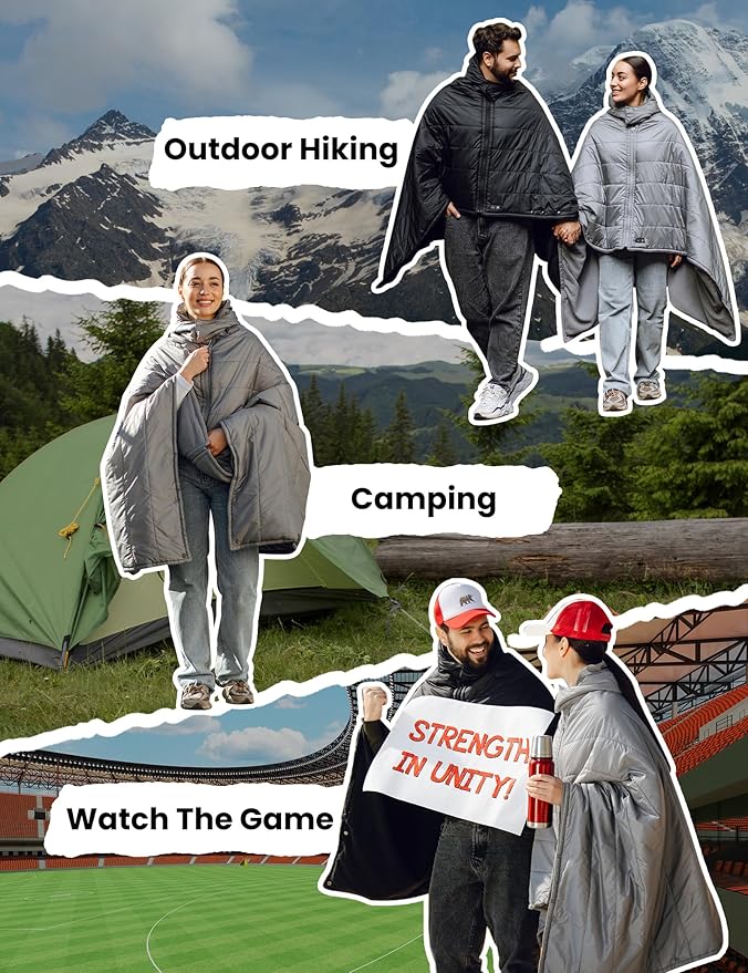 HENNCHEE Heated Blanket Battery Operated with Removable Hooded 70" x 42" Portable Heated Blanket with 16000mAh Battery Pack 5 Heating Zones Waterproof Heated Poncho for Home, Outdoors, Camping, Black