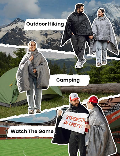 HENNCHEE Heated Blanket Battery Operated with Removable Hooded 70" x 42" Portable Heated Blanket with 16000mAh Battery Pack 5 Heating Zones Waterproof Heated Poncho for Home, Outdoors, Camping, Black