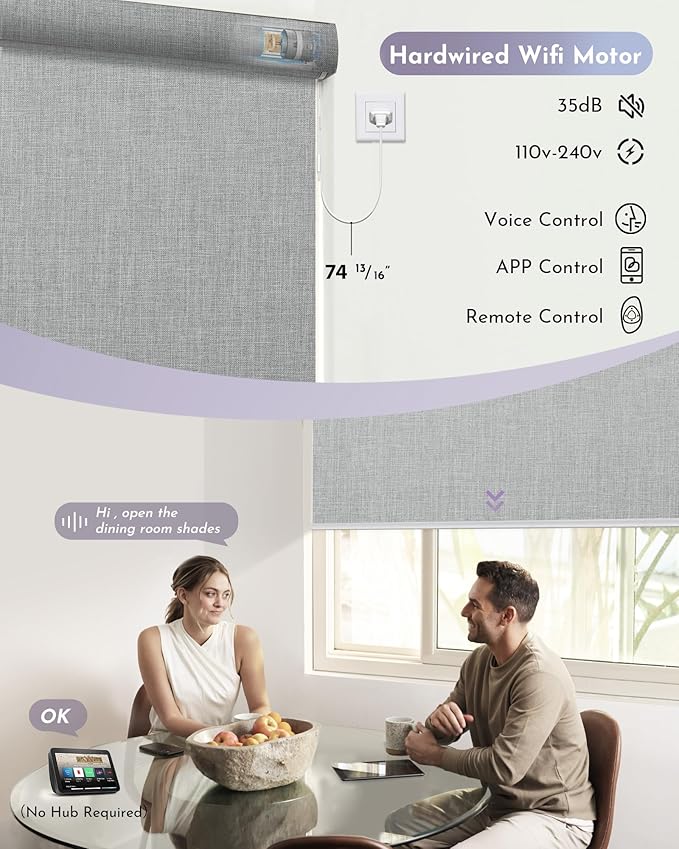 Graywind Smart Blackout Roller Shades Compatible with Alexa Google WiFi Hardwired Triple Weaved Fabric Motorized Blinds Remote Window Shades, Custom Size (Cloudy Grey)