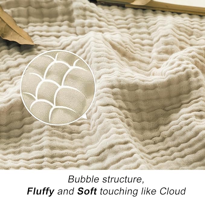 EMME Cotton Bed Blanket Twin Size Soft Muslin Boho Bedding Lightweight Breathable Light Tan Twin Blanket All Season Gauze