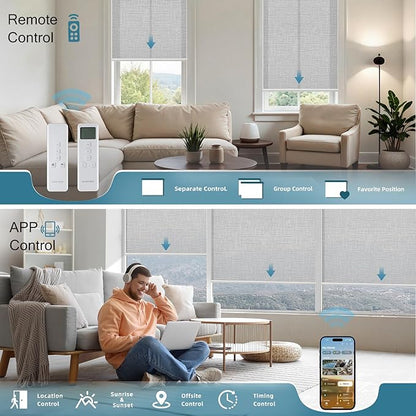 Motorized Light Filtering Roll Shades Work with HomeKit, 70% Blackout Motorized Blinds for Windows, Electric Blinds with Remote, APP/Voice Control, Automatic Solar Shades, Texture Smoke